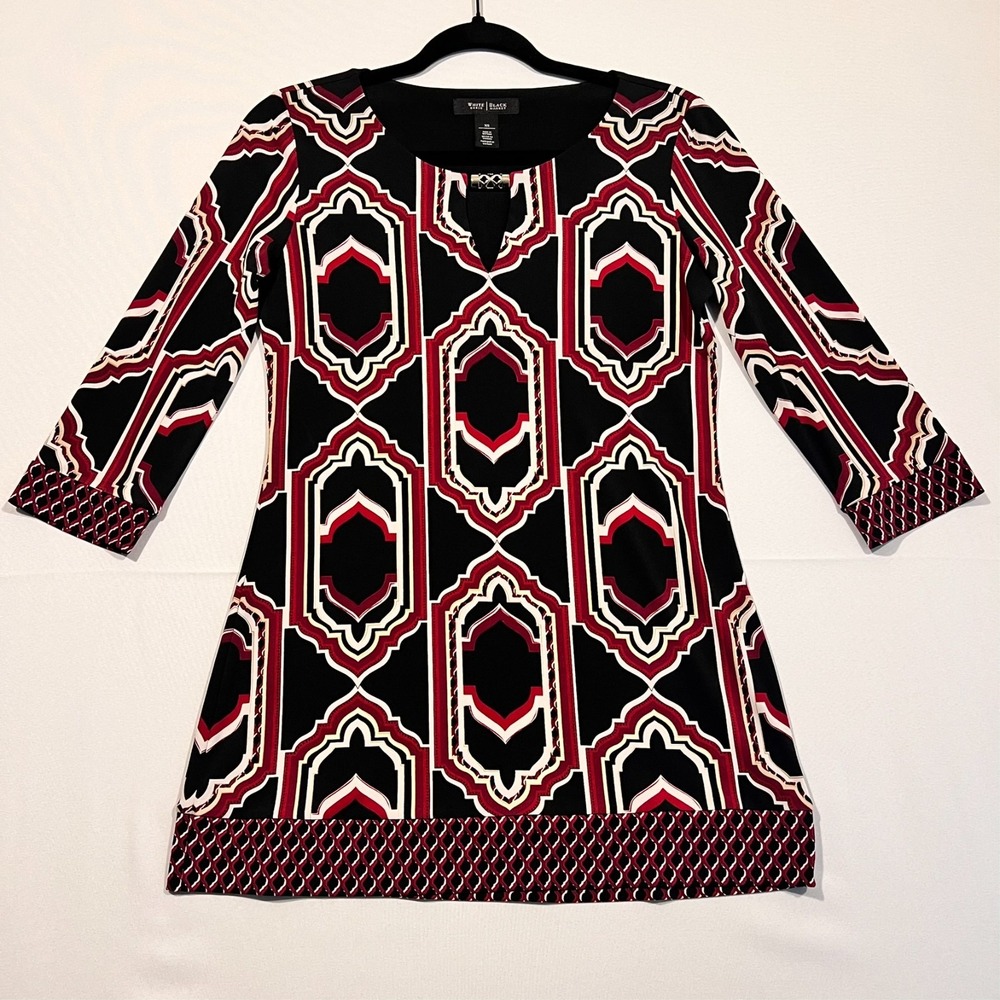 White House Black Market Tunic Top Black Red Keyhole Cutout Stretch Women's XS